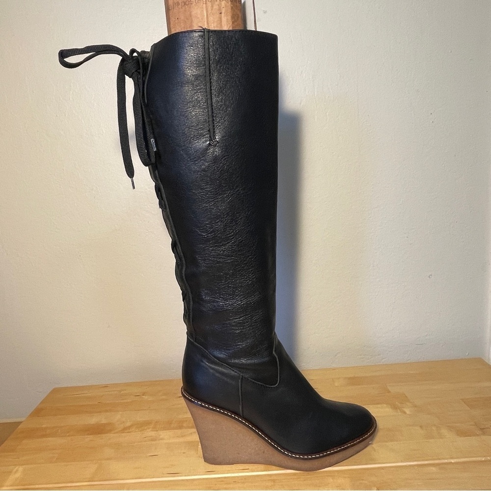 Juicy Couture Y2K Black Leather Platform Wedge Boots Side Zip Designer Booties
